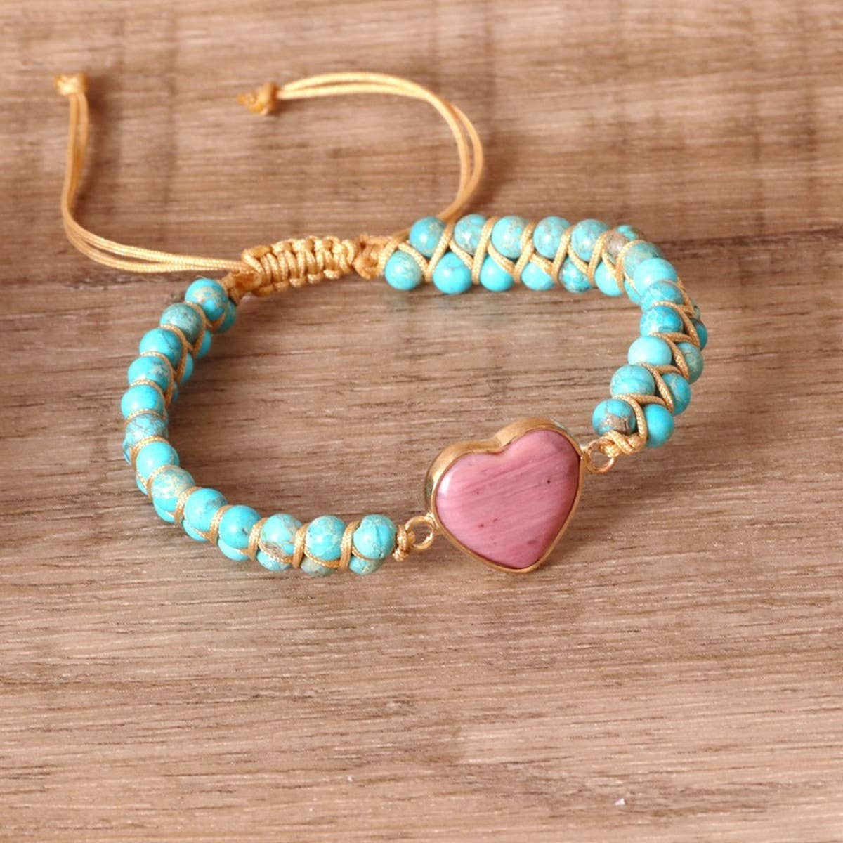 HEART SHAPED RHODONITE BRAIDED FRIENDSHIP BRACELET