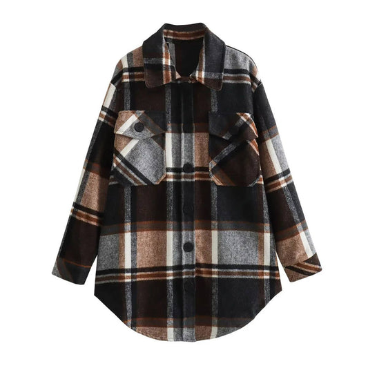 FASHION CASUAL LOOSE WOOL YARN-DYED PLAID SHIRT