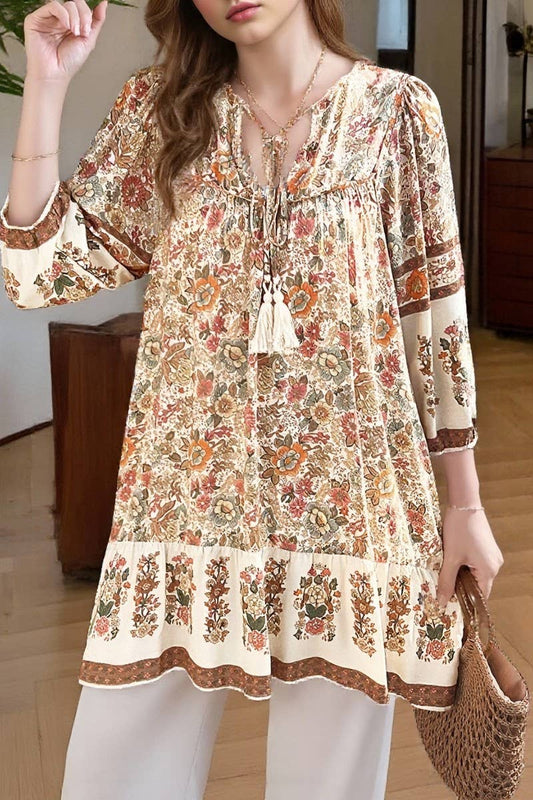 CWDSD8924_SPRING AND SUMMER V-NECK LACE-UP PRINT DRESS