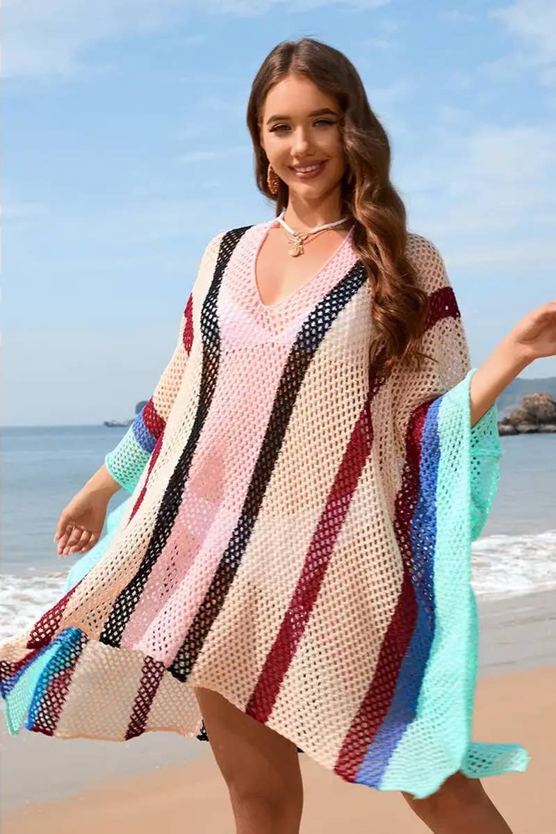 CWDSD7357_SPLICED   HOLLOW BEACH DRESS LOOSE BIKINI COVER UP