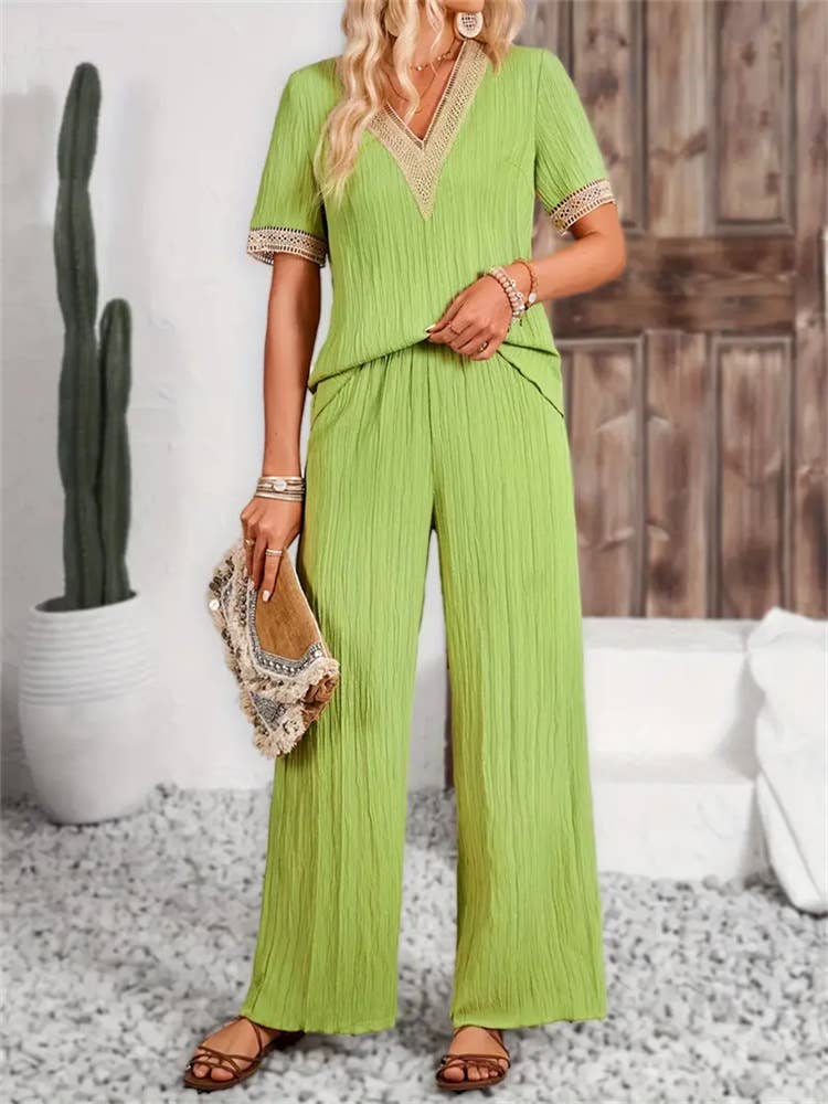 Lace lace V-neck top straight-leg two-piece