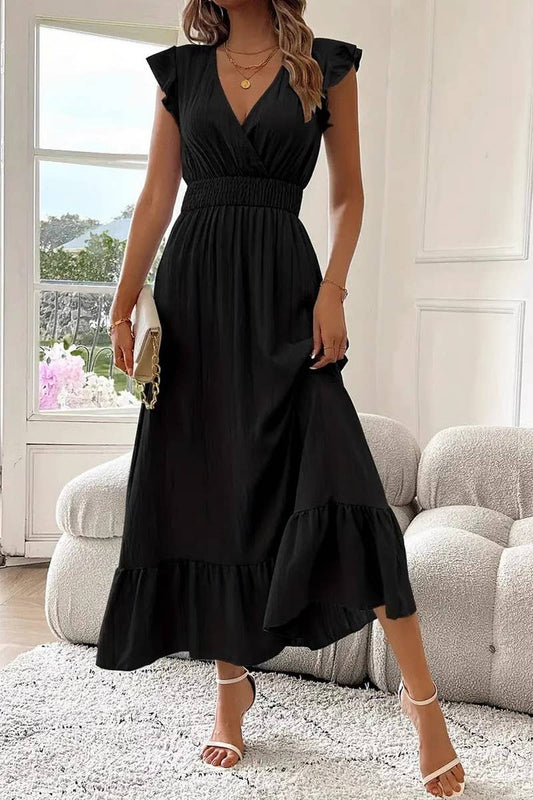 CWDMD5583_SUMMER V-NECK SHORT-SLEEVED LONG DRESS