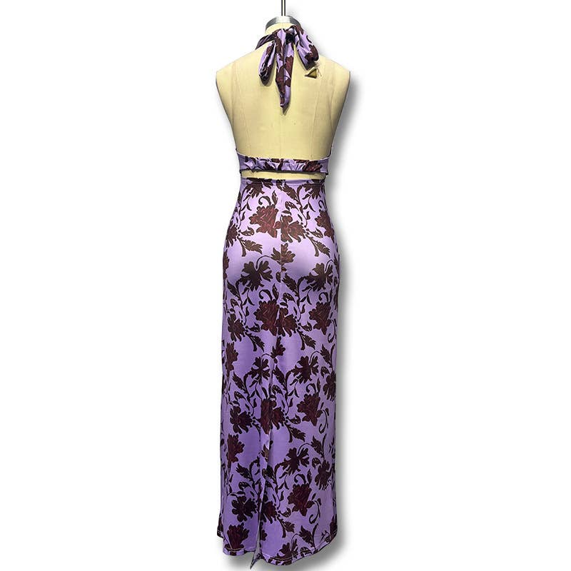 Off-the-shoulder printed, backless slit dress