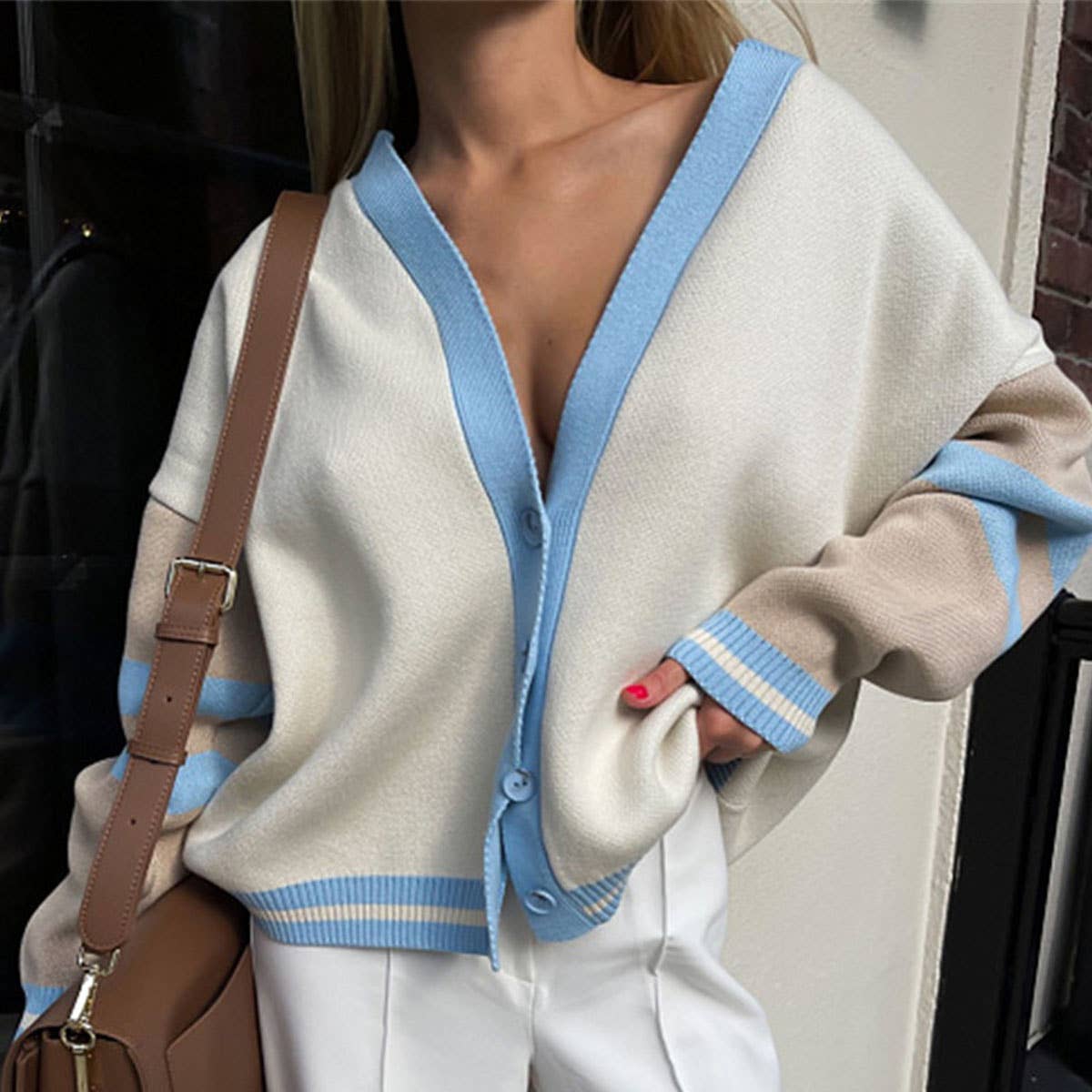 FASHION CONTRAST COLOR CARDIGAN LOOSE SWEATER