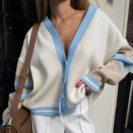 FASHION CONTRAST COLOR CARDIGAN LOOSE SWEATER