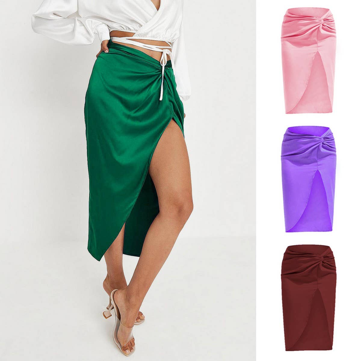IRREGULAR SOLID COLOR SATIN HIP-LENGTH SKIRT