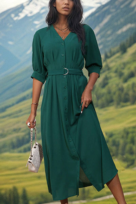 LONG MID-SLEEVED GREEN DRESS WITH BELT