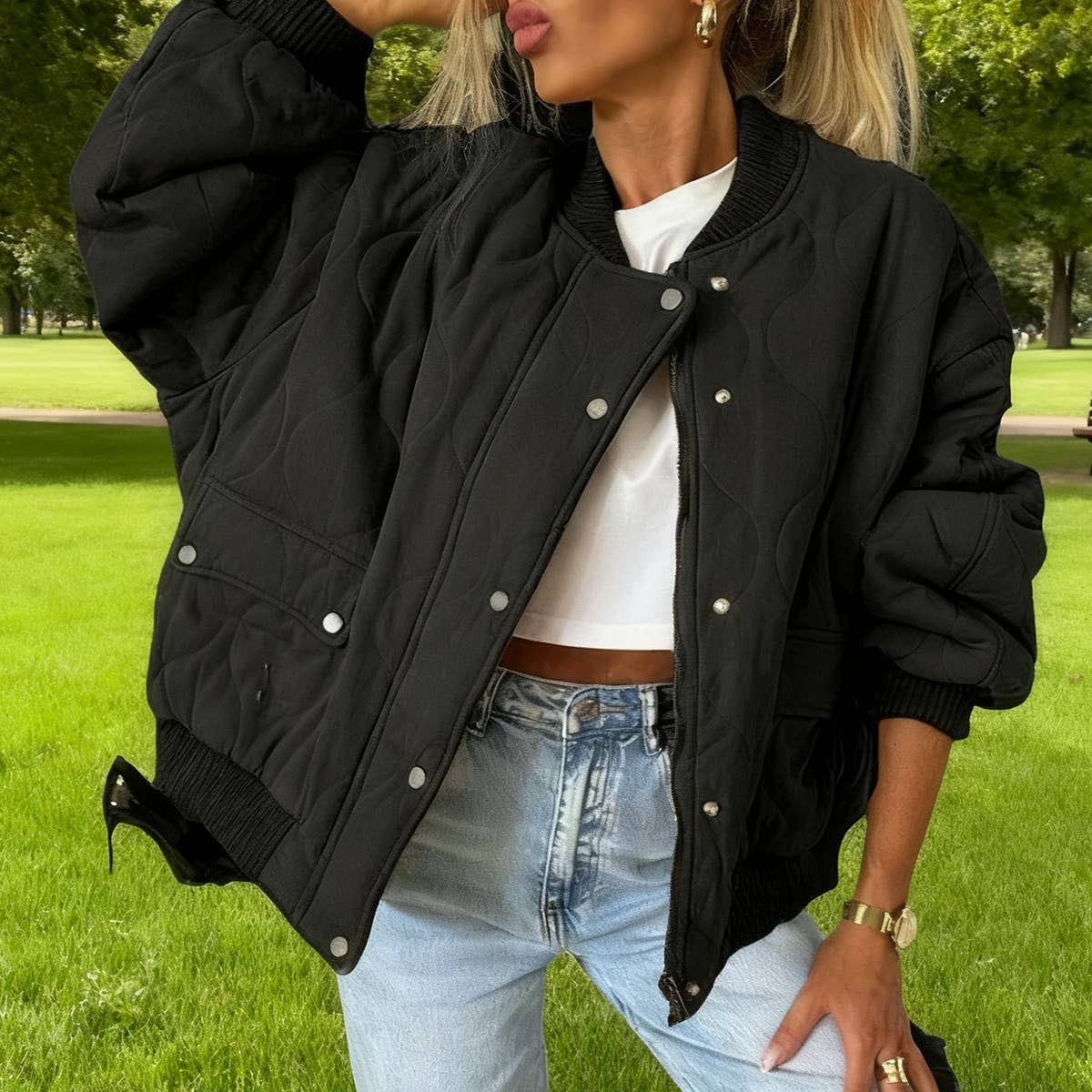 Solid-colored long-sleeved cotton-padded jacket