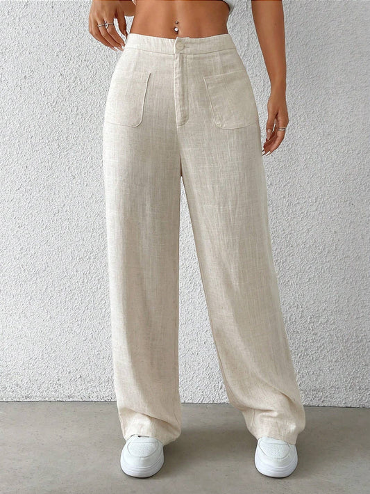 Cotton and linen solid-color elastic waist pants