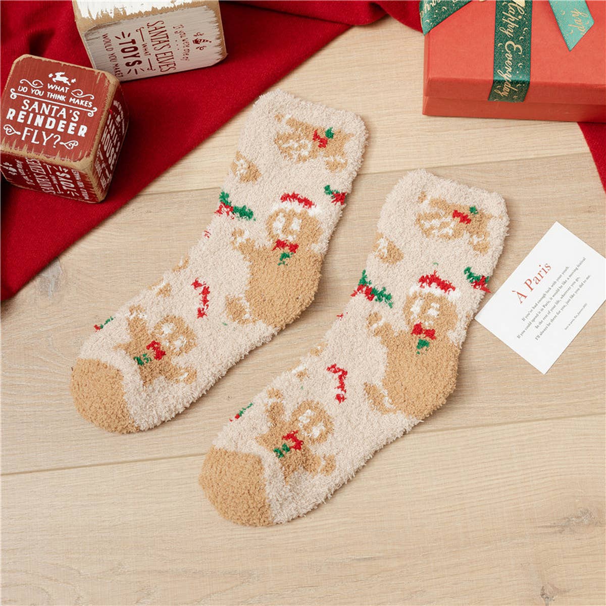 SANTA CLAUS ELK CORAL VELVET SOCKS