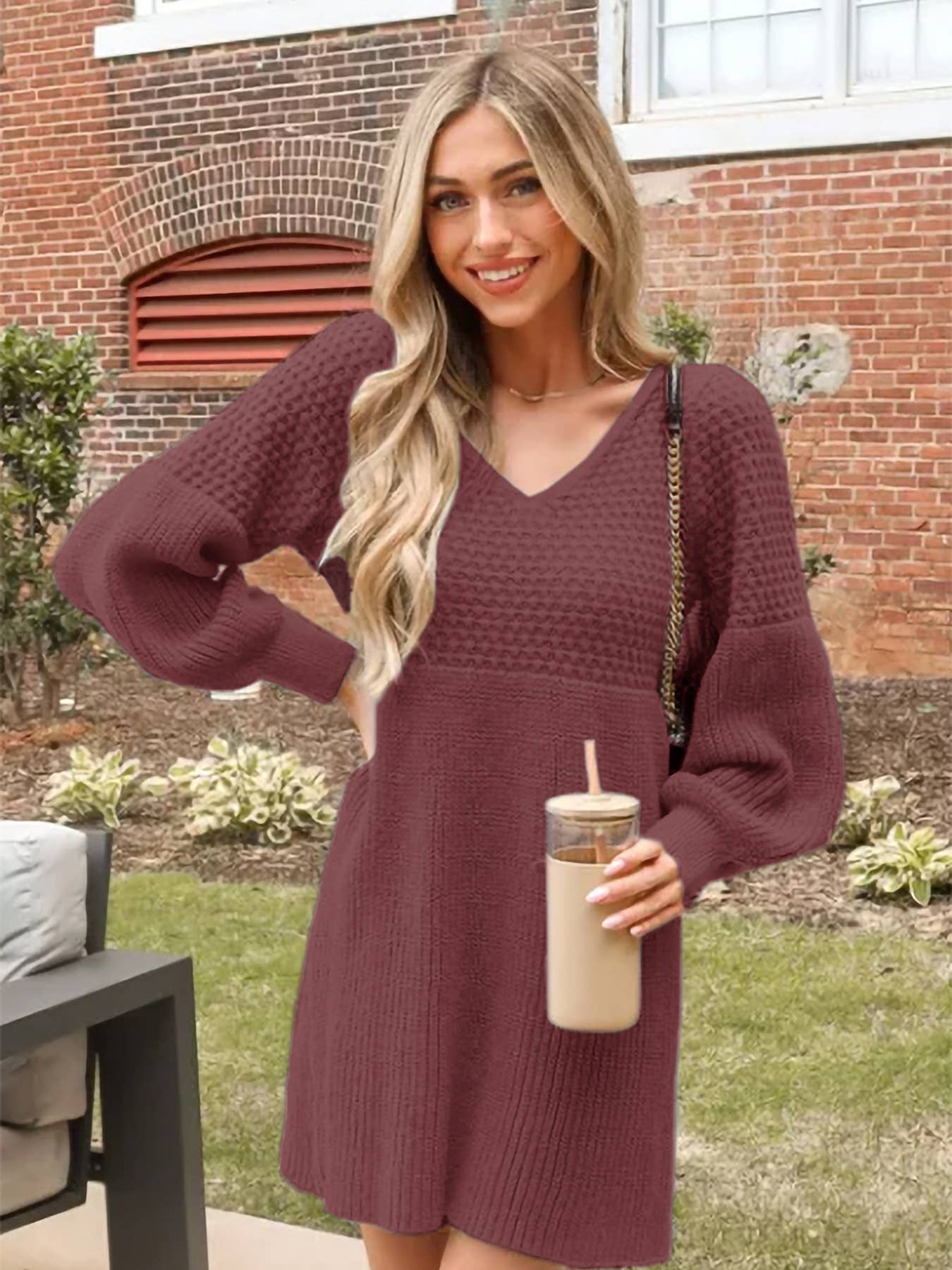 V-NECK SWEATER DRESS WITH LANTERN SLEEVES