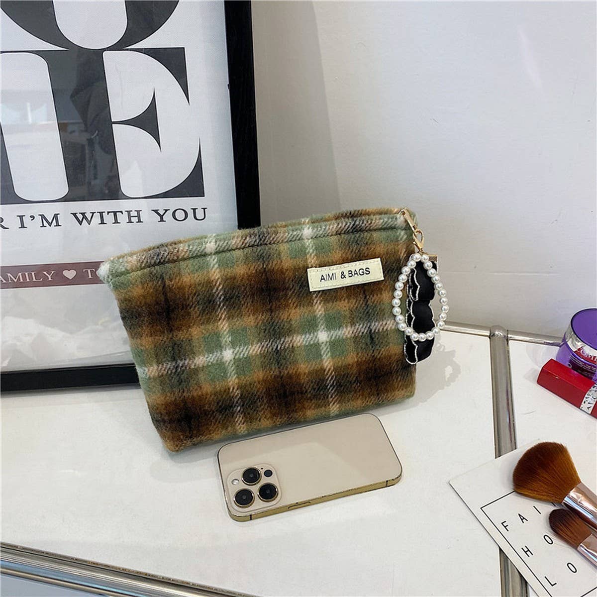 NEW RETRO PLAID LARGE CAPACITY COSMETIC BAG_CWAB4422