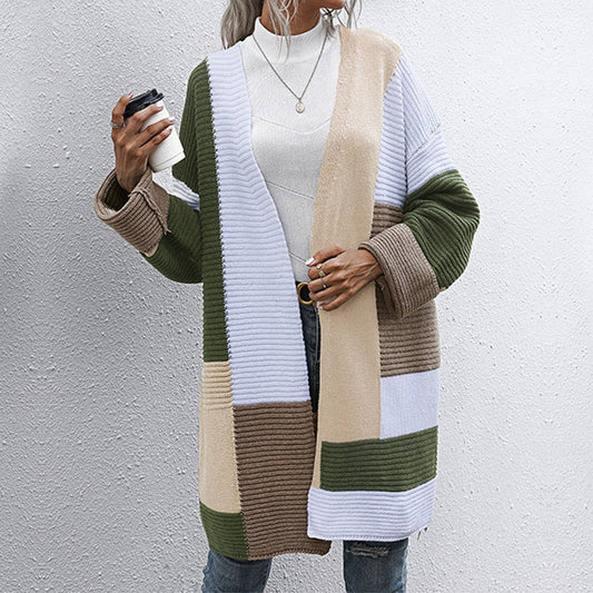 SPLICED CONTRASTING COLOR V-NECK NO BUTTON LONG CARDIGAN