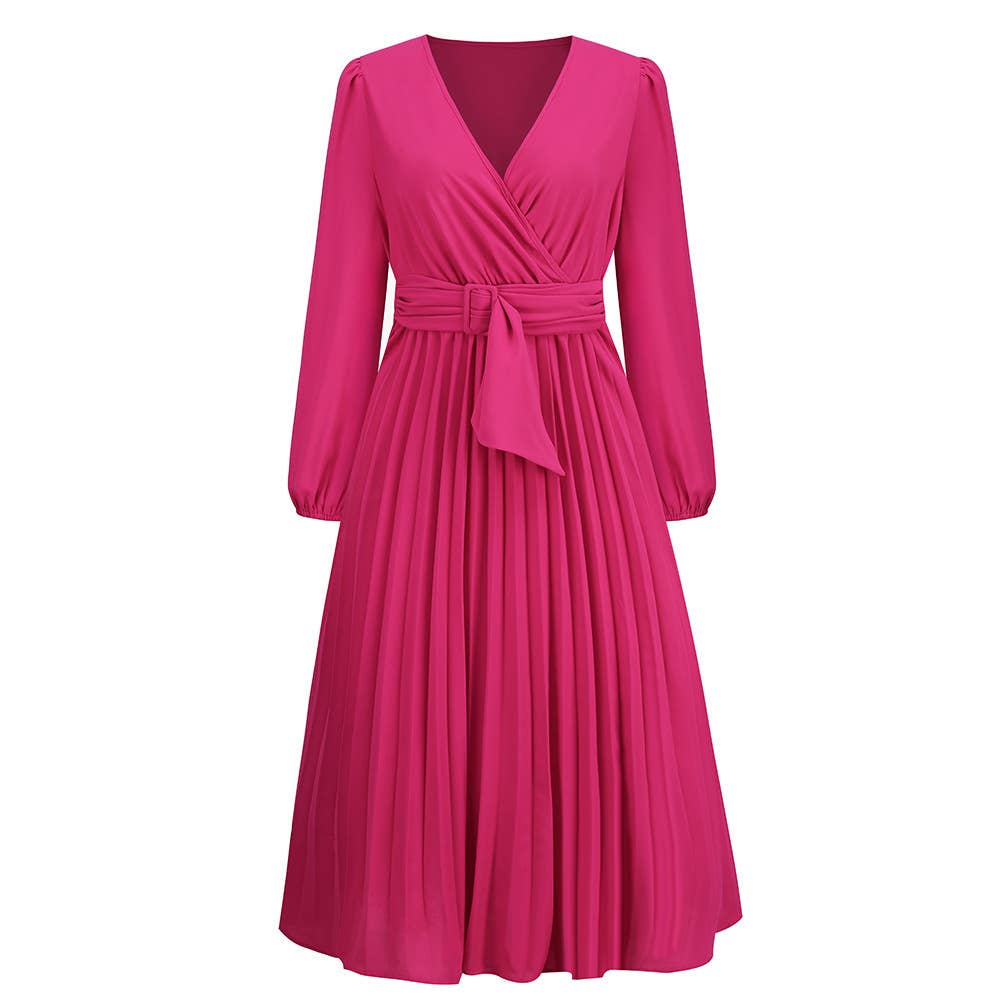 LONG SLEEVE PLEATED BELT SOLID COLOR V-NECK DRESS