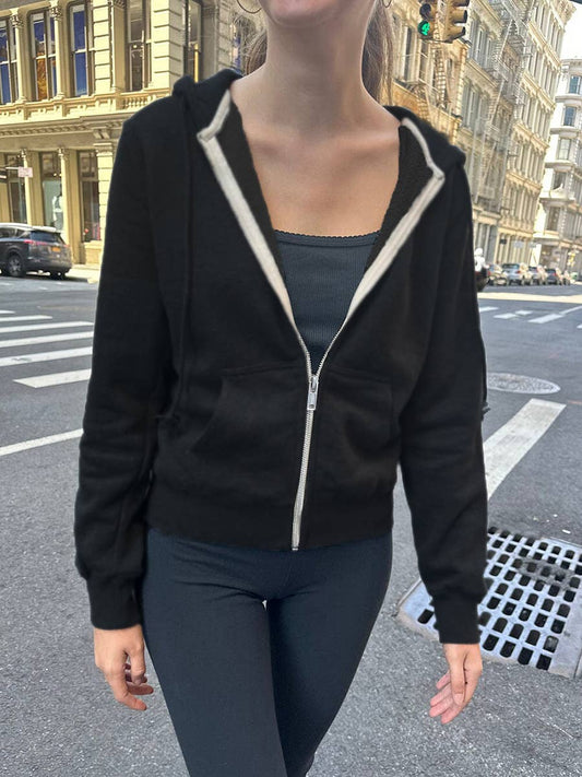 Sporty casual zip-up hooded sweatshirt