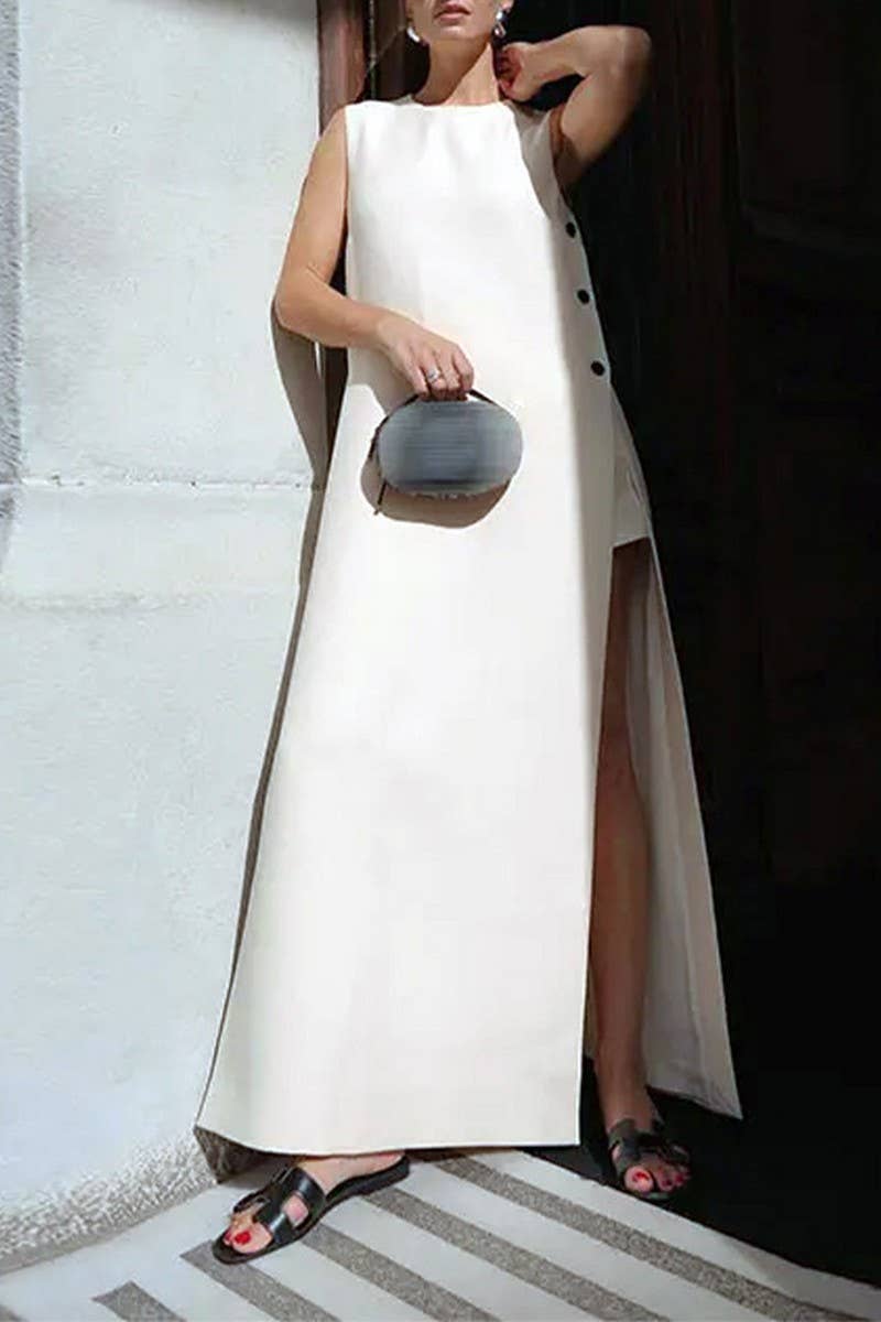 CWDMD6070_SLEEVELESS BUTTON SPLIT LOOSE CASUAL DRESS