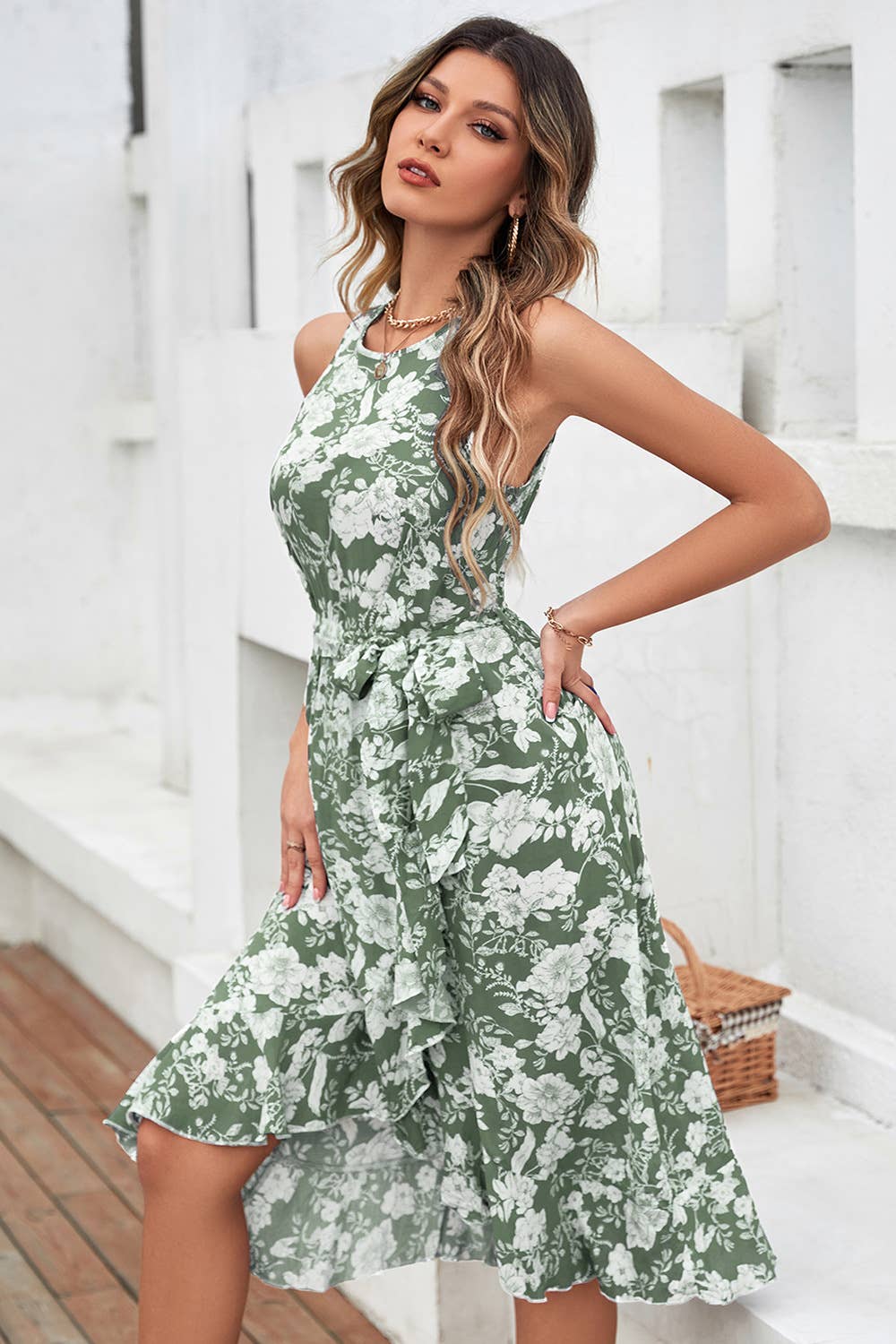 Ruffled LACES cinched waist long halter dress