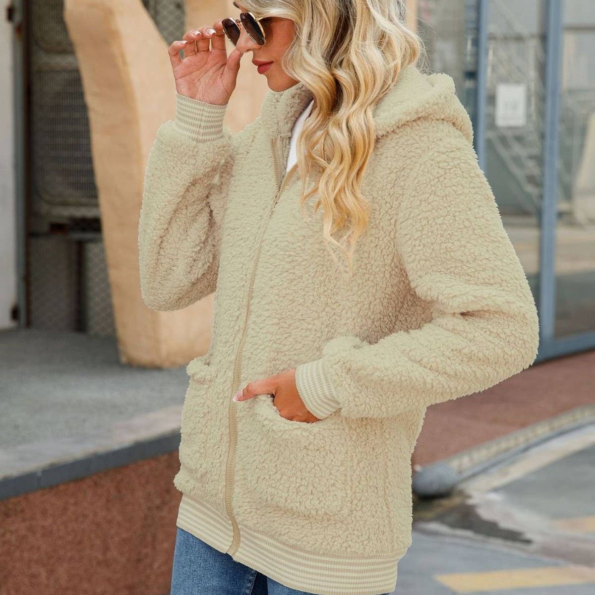 Hooded zipper solid color loose fleece jacket