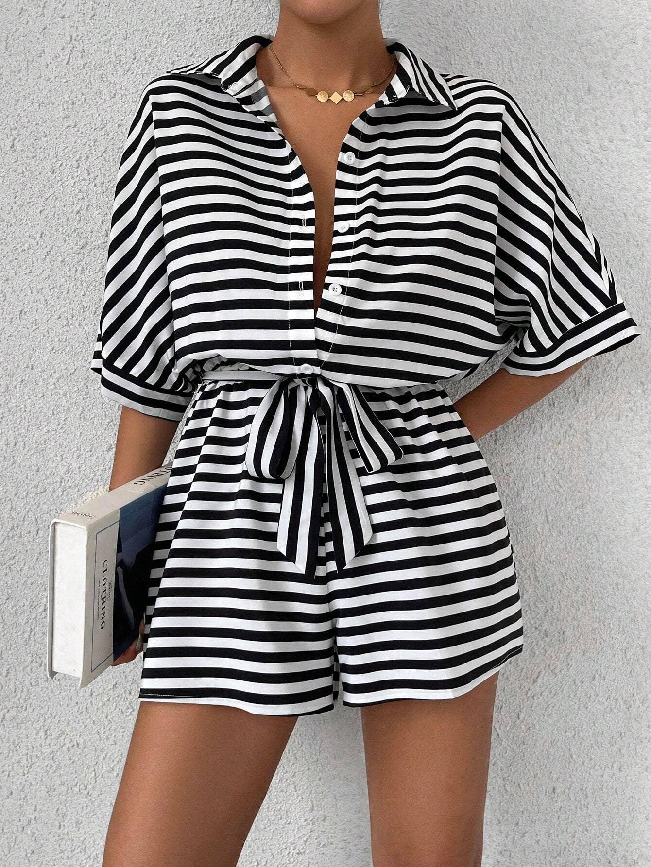Women¡¯s striped buttoned cardigan romper
