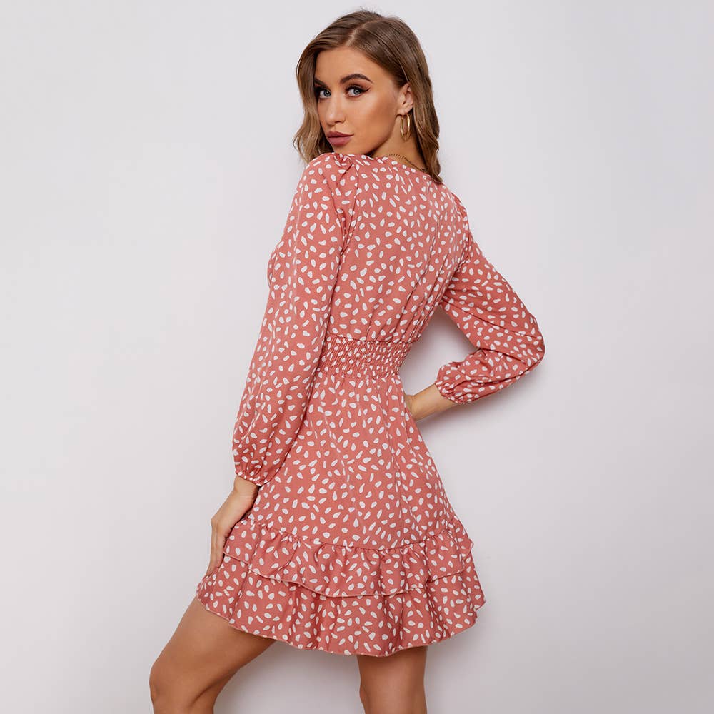 V-NECK BUBBLE LONG SLEEVE SKIRT DRESS