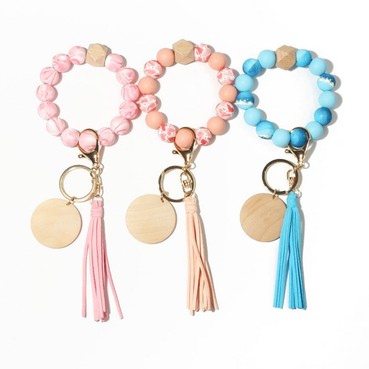 Silicone Bead Bracelet Keychain with Beech Wood