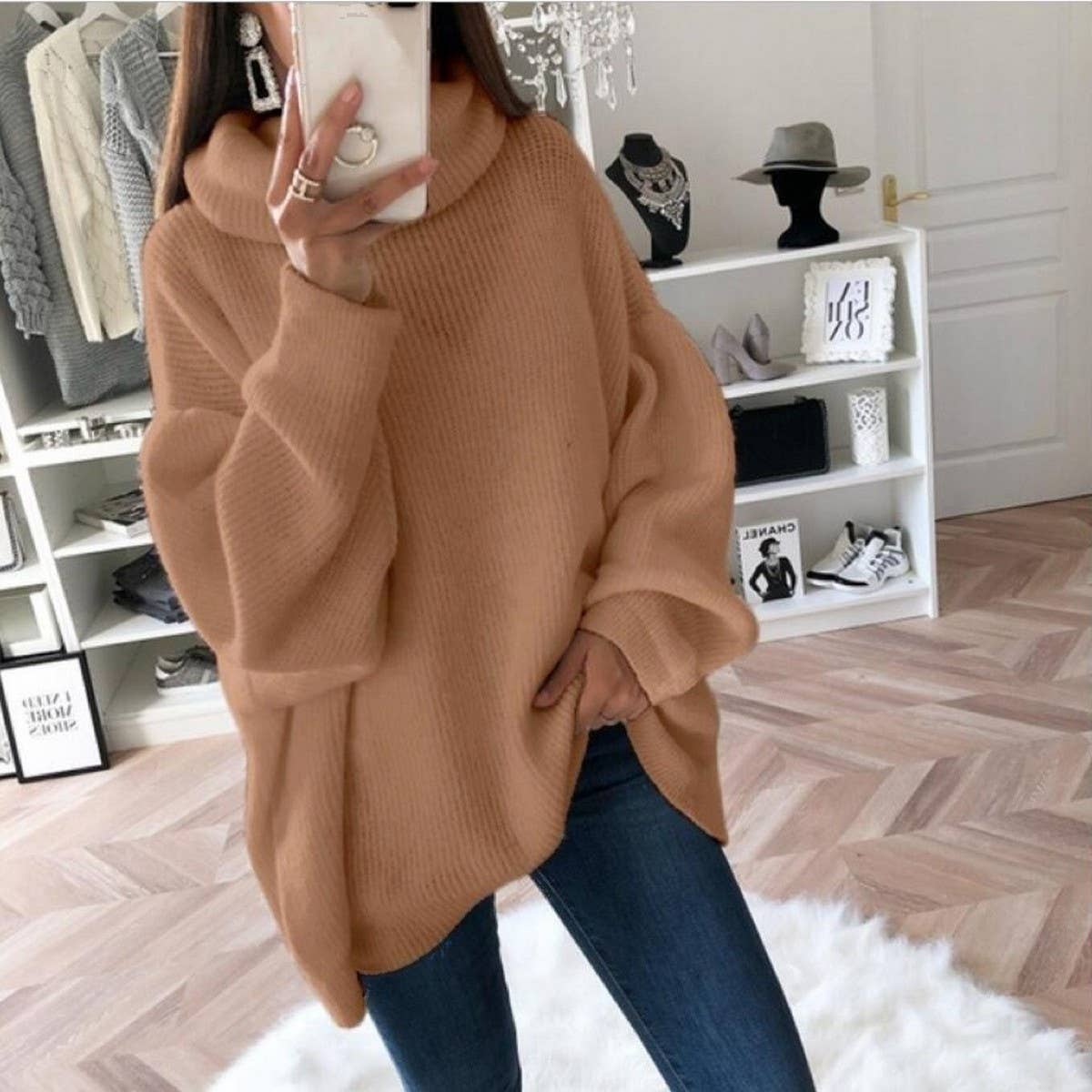Women's Solid Turtleneck Loose Knit Sweater