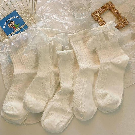BOW LACE THIN MID LENGTH SOCKS_CWMS0451
