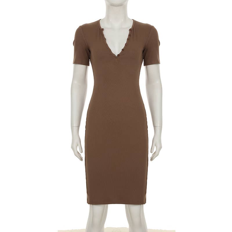 V-neck button-down waist-cinching knitted dress