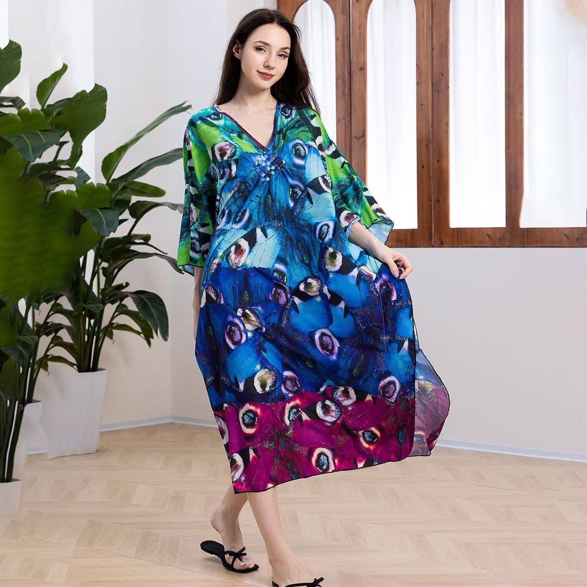 Peacock Print Beach Cover-Up Maxi Kaftan_CWMM6204