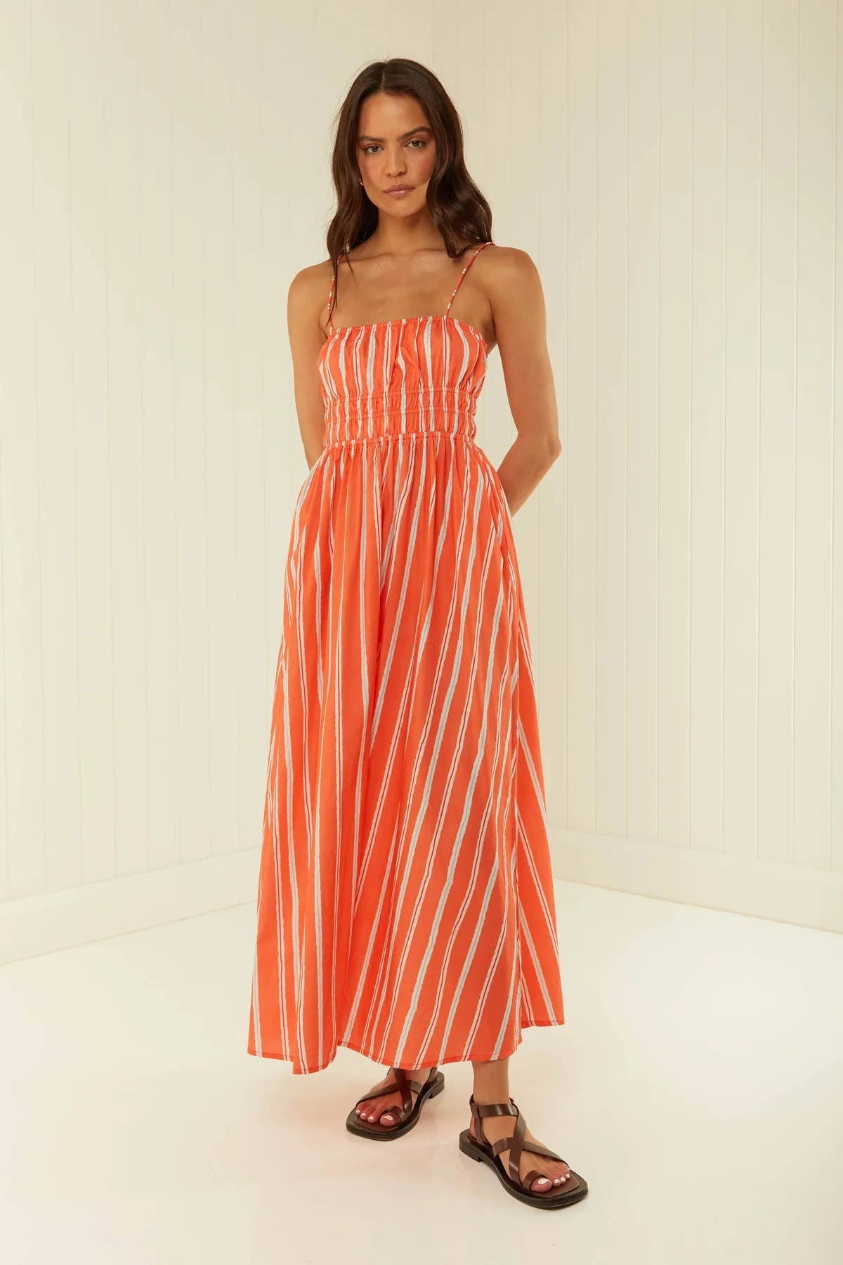 Fashionable one-shoulder striped halter dress