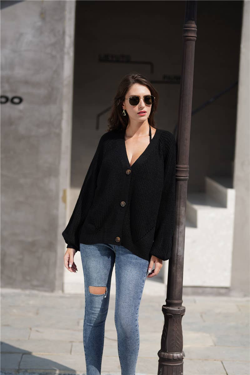 SOLID COLOR BUTTON-DOWN V-NECK SWEATER