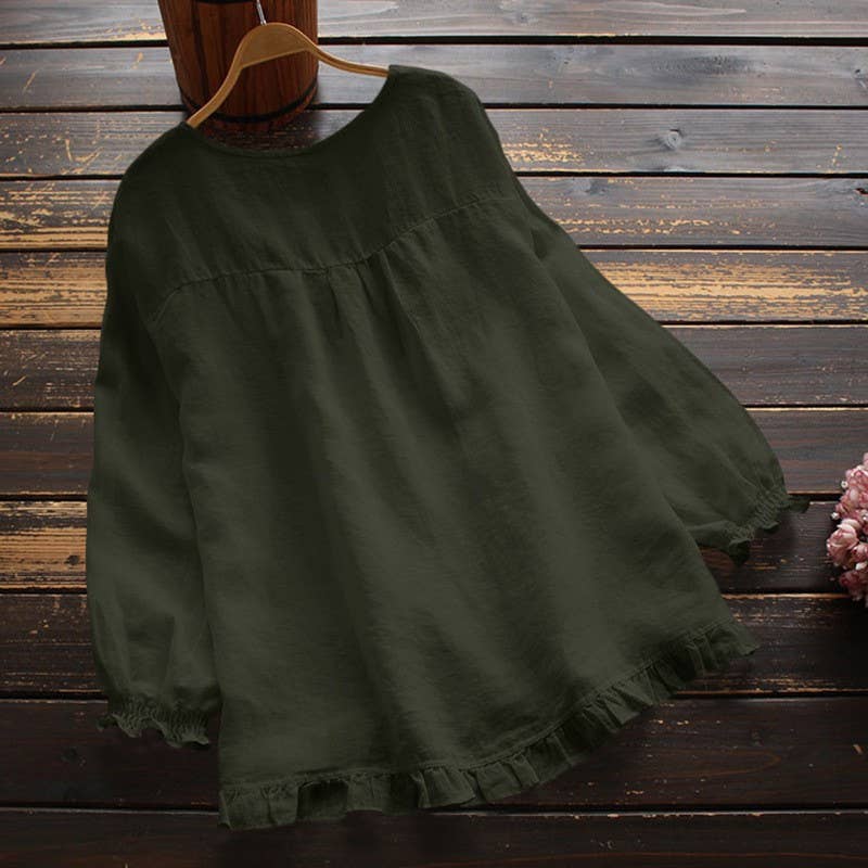 SOLID COLOR LOOSE RUFFLED CUFFS ROUND NECK SHIRT