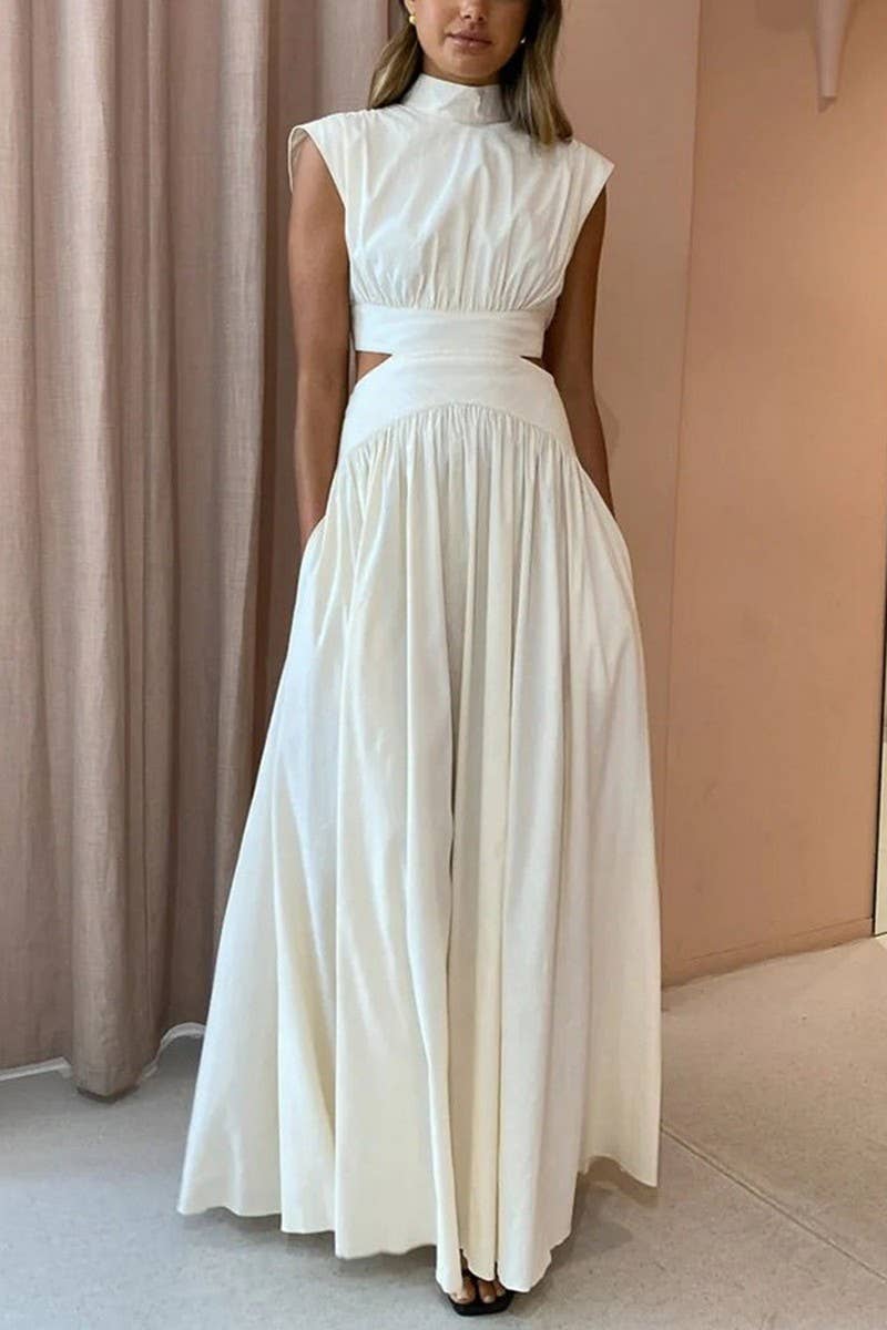 CWDMD2847_SOLID COLOR WAIST-BARING DRESS WITH LARGE SKIRT