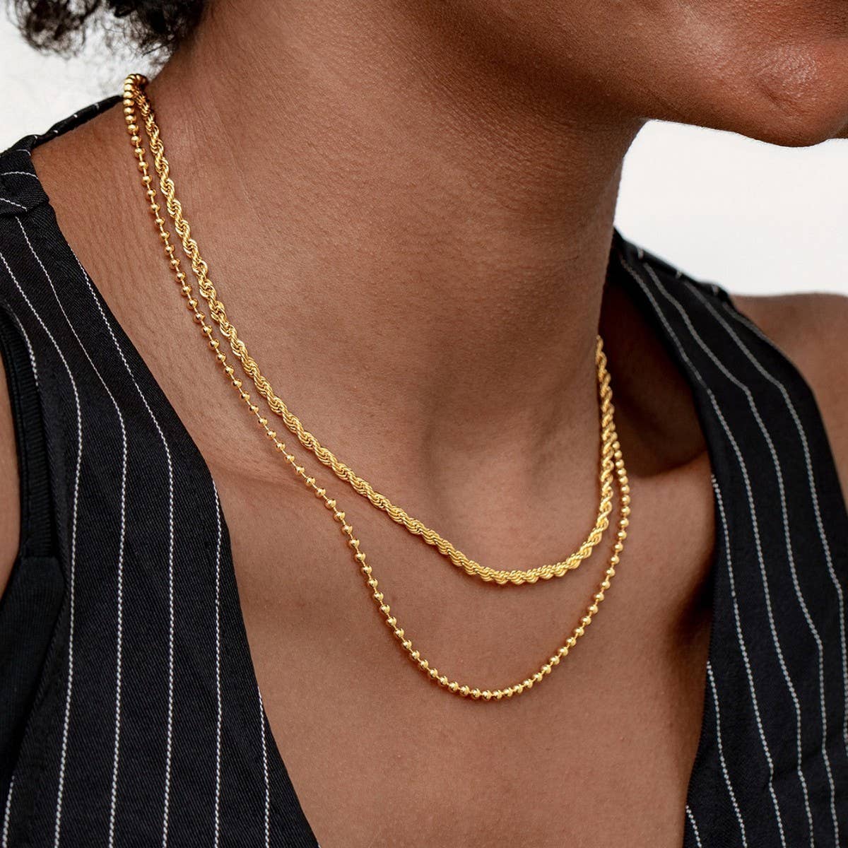 GOLD STAINLESS STEEL BEAN DOUBLE CHAIN NECKLACE