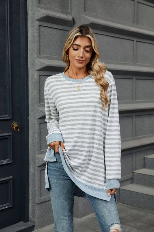 Round-neck striped color-blocked slit T-shirt