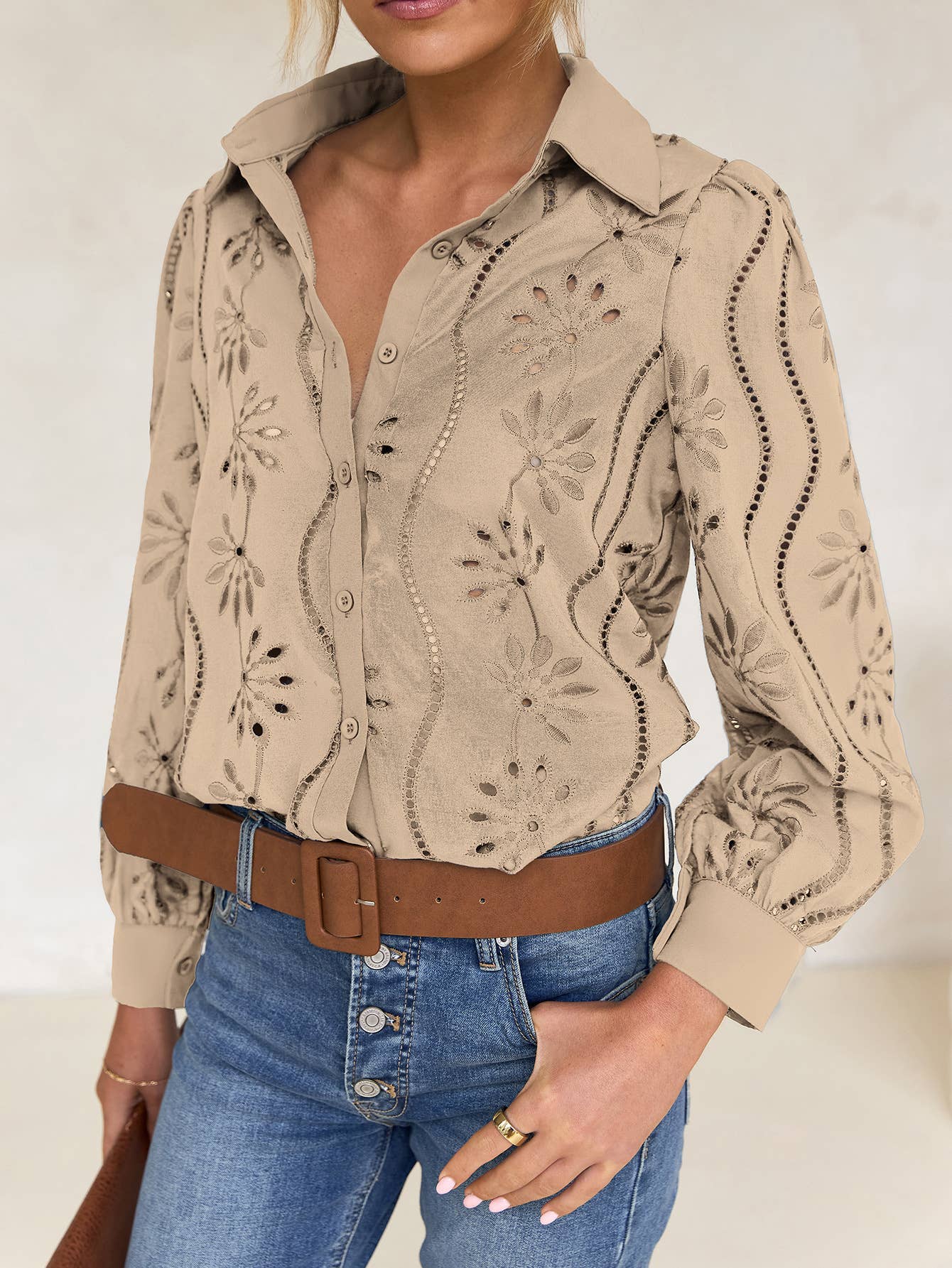 EMBROIDERED LOOPED LONG-SLEEVED LAPEL SHIRT