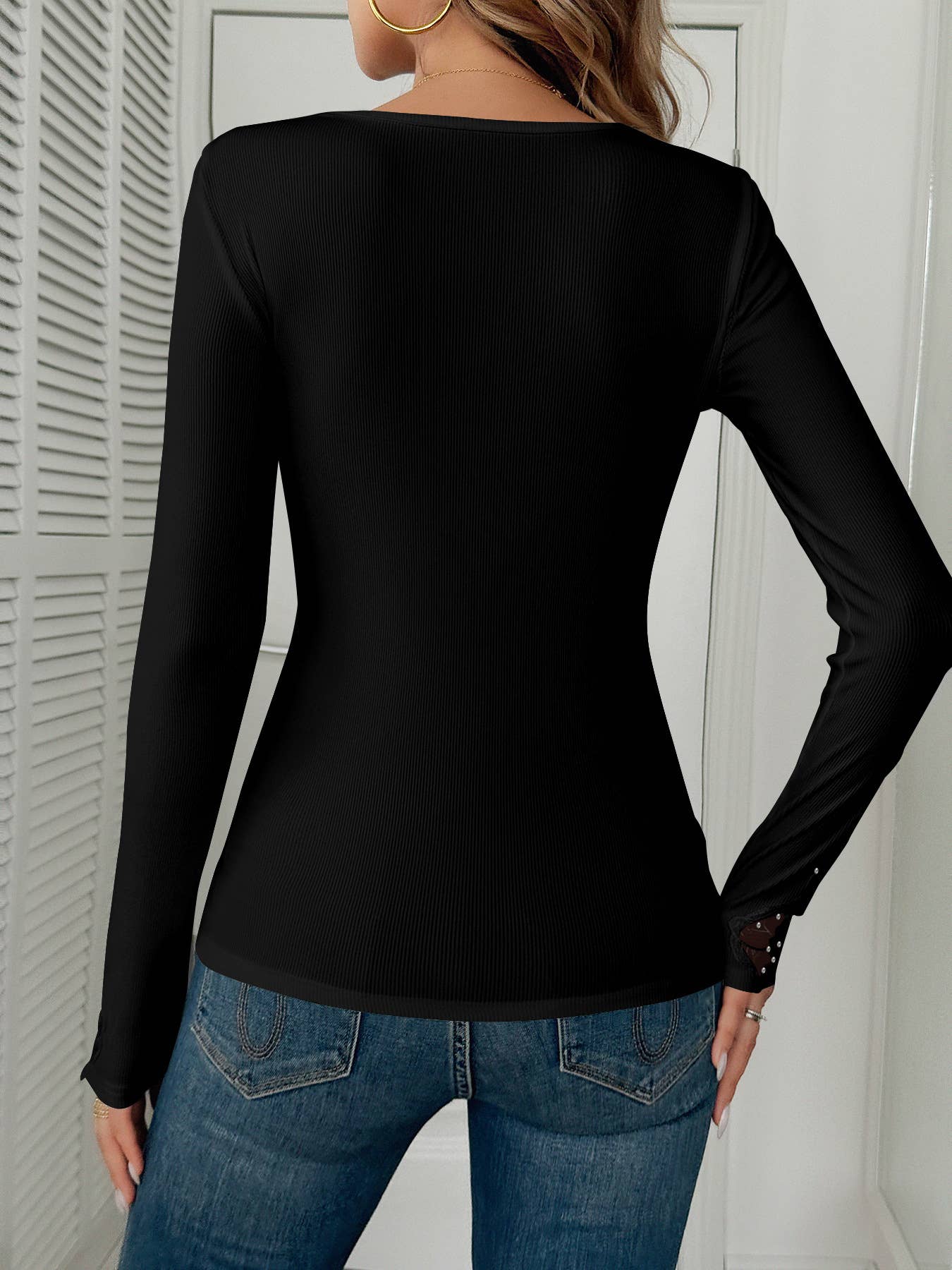 Lace trim diamond embossing long-sleeved T-shirt