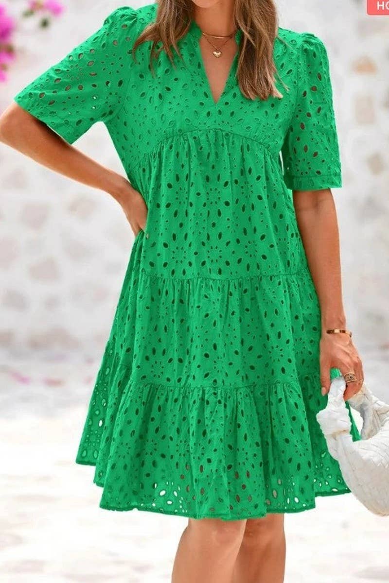 CWDSD8527_V-NECK HOLLOW LACE ELEGANT A-LINE DRESS