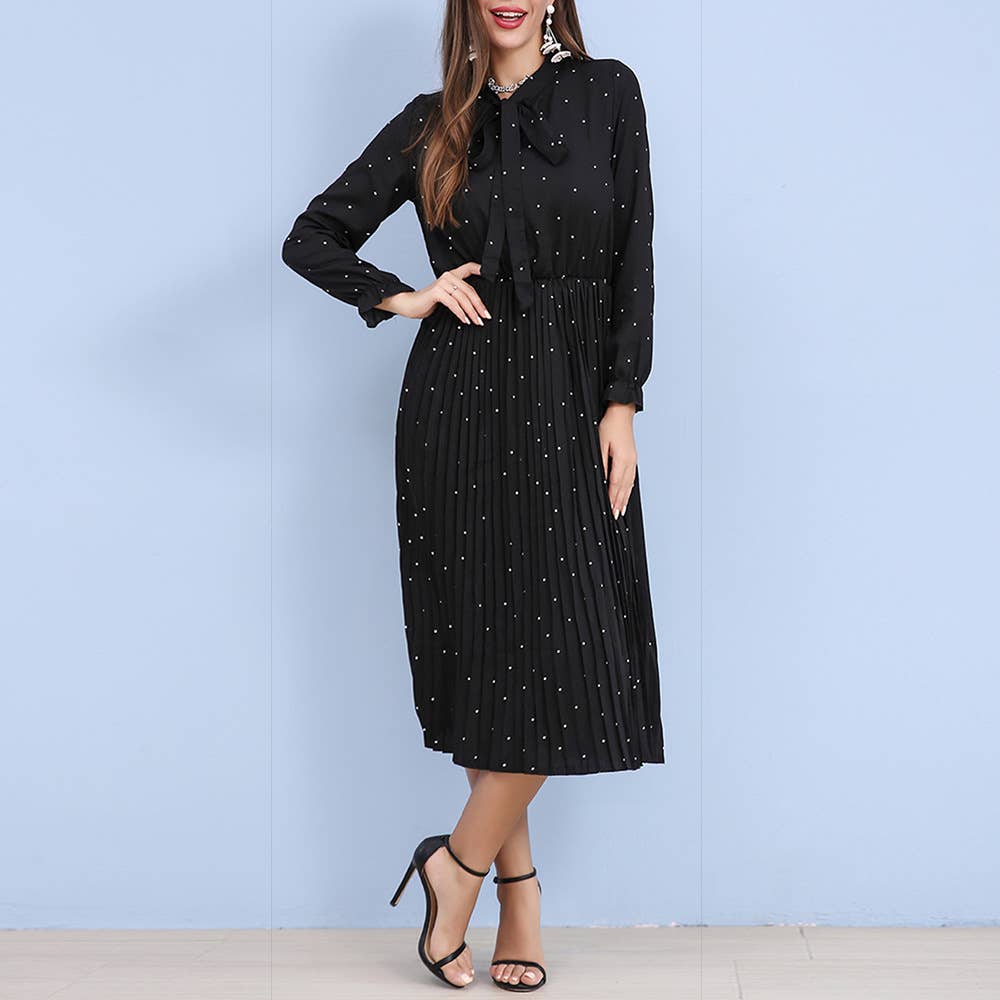 Pleated polka point casual waist collection dress