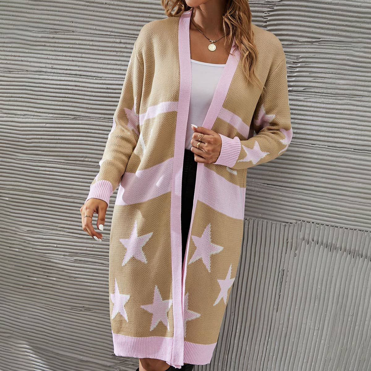 Five-pointed star long printed knitted coat for women