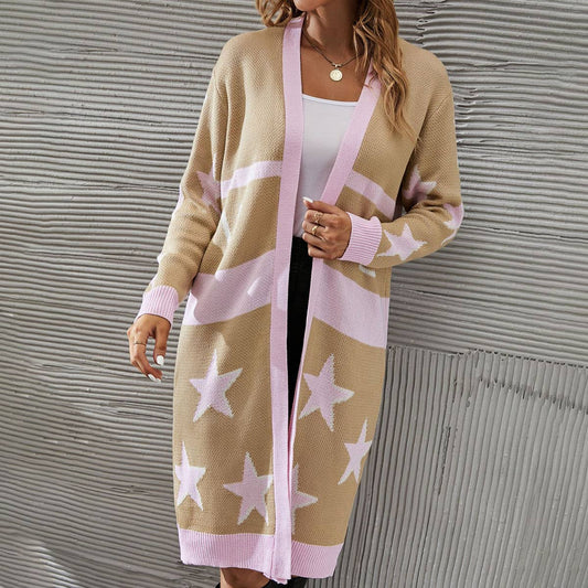 Five-pointed star long printed knitted coat for women