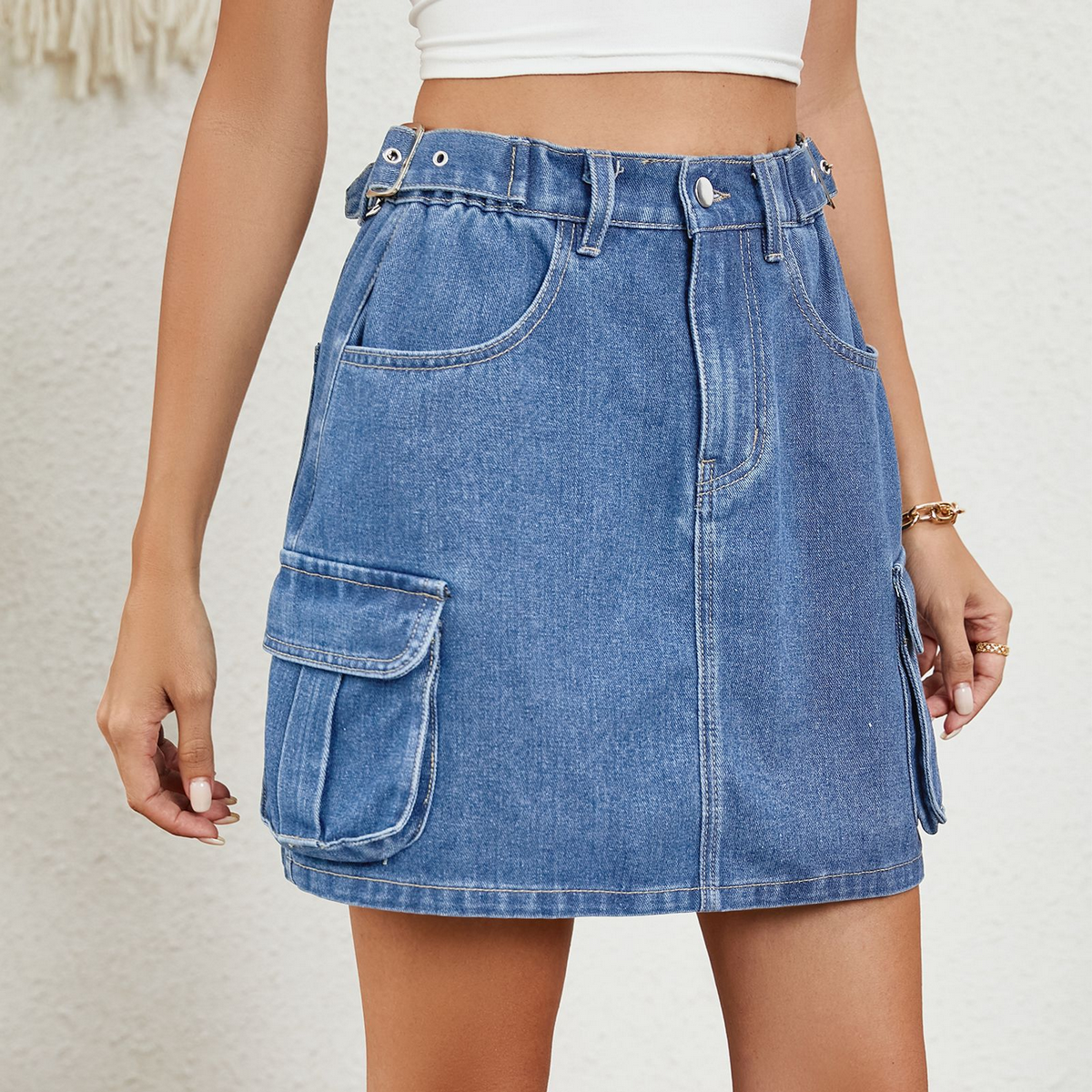 Women??¢s Washed Denim Mini Skirt Adjustable Waist_CWJSK0215