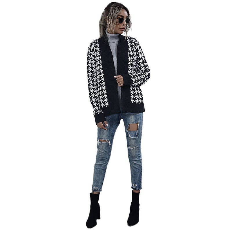 V-NECK PLAID FASHION LACE-UP WAIST CARDIGAN