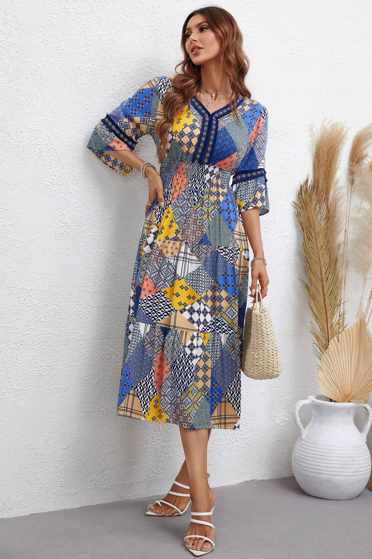ETHNIC STYLE PRINT PLAID FASHION LONG DRESS