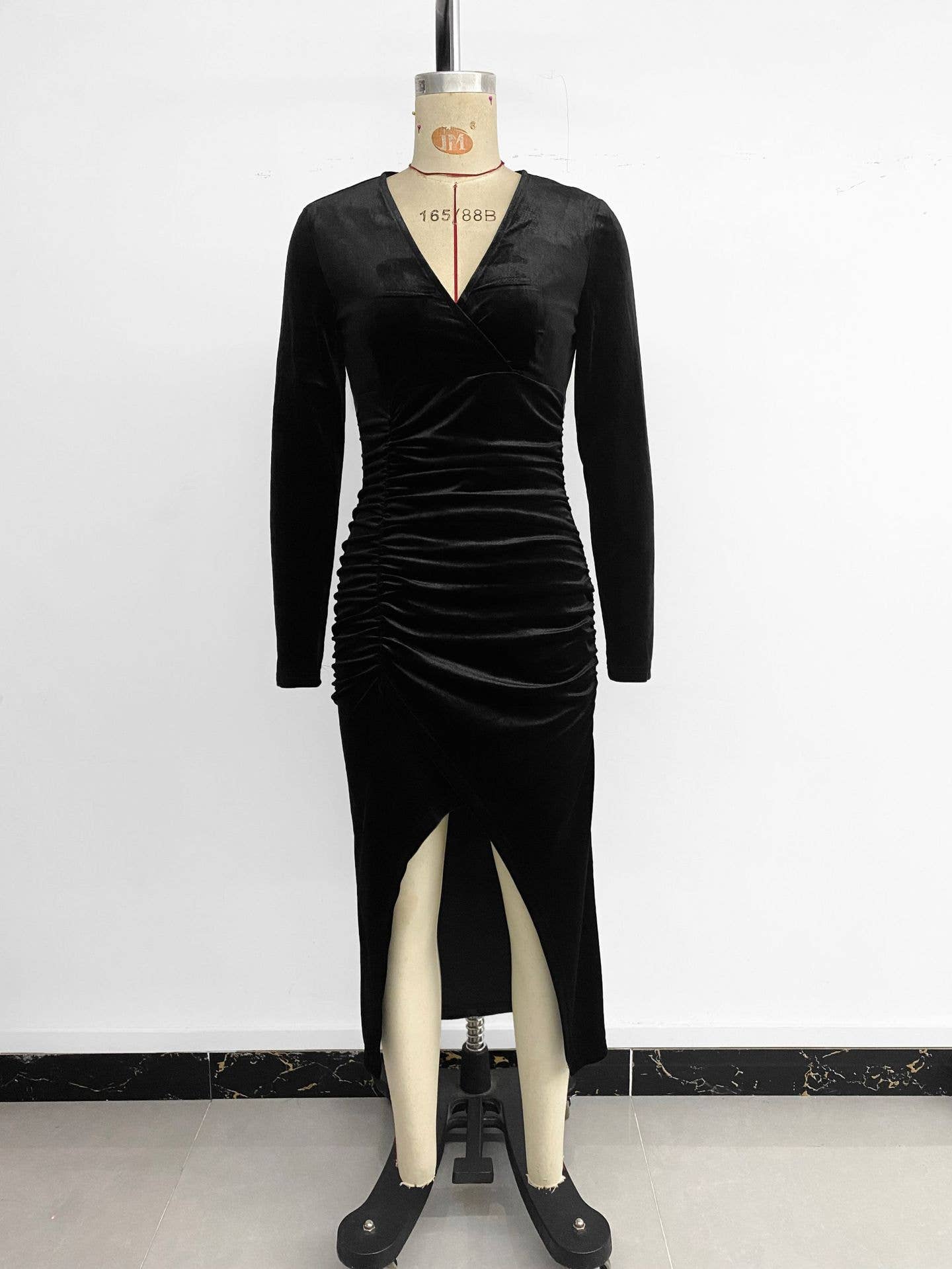 Wrap hip irregular split medium length dress