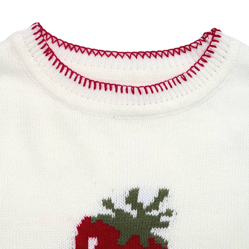Strawberry jacquard round-neck stitched sweater