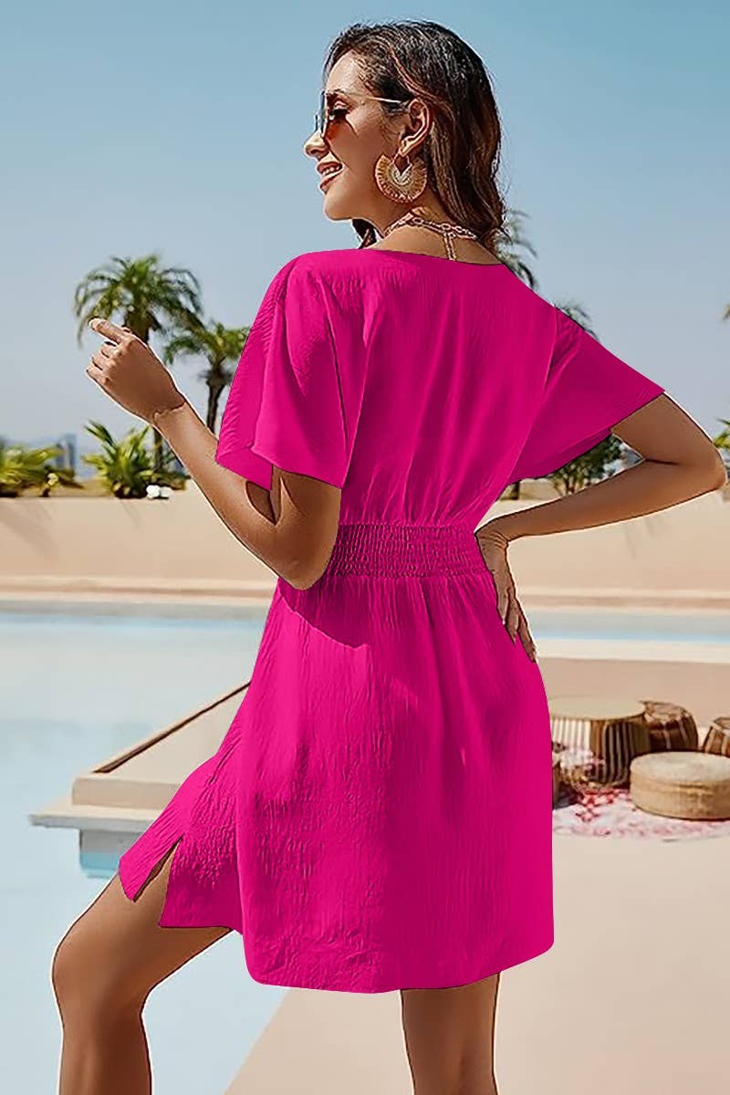 CWDSD3629_CASUAL V-NECK PLEATED SHORT DRESS