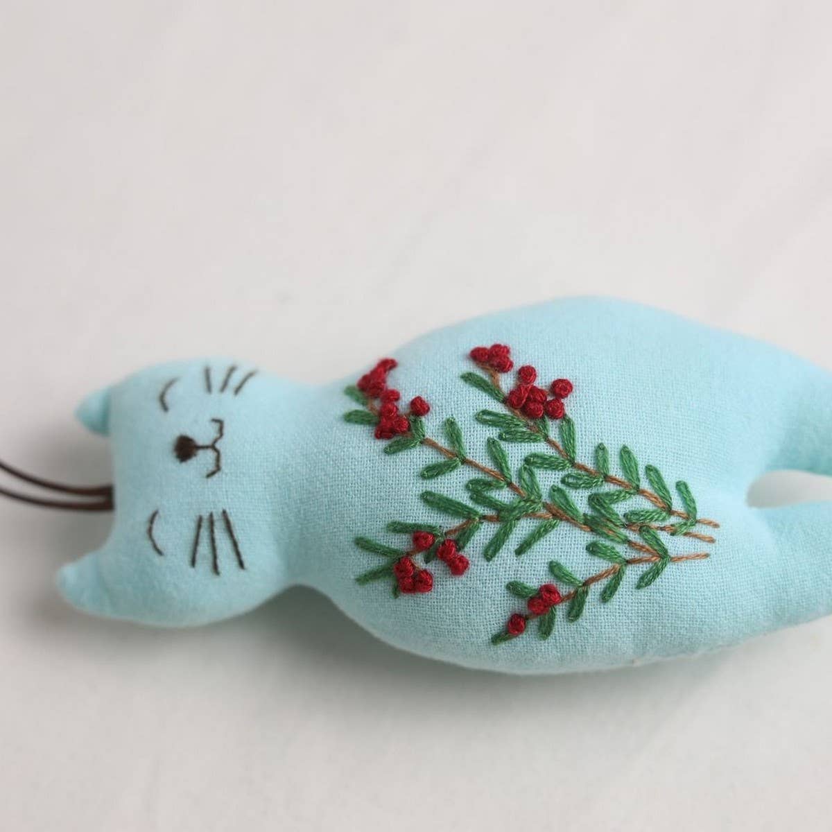 Hand-Embroidered Red Berry Cat Plush Charm