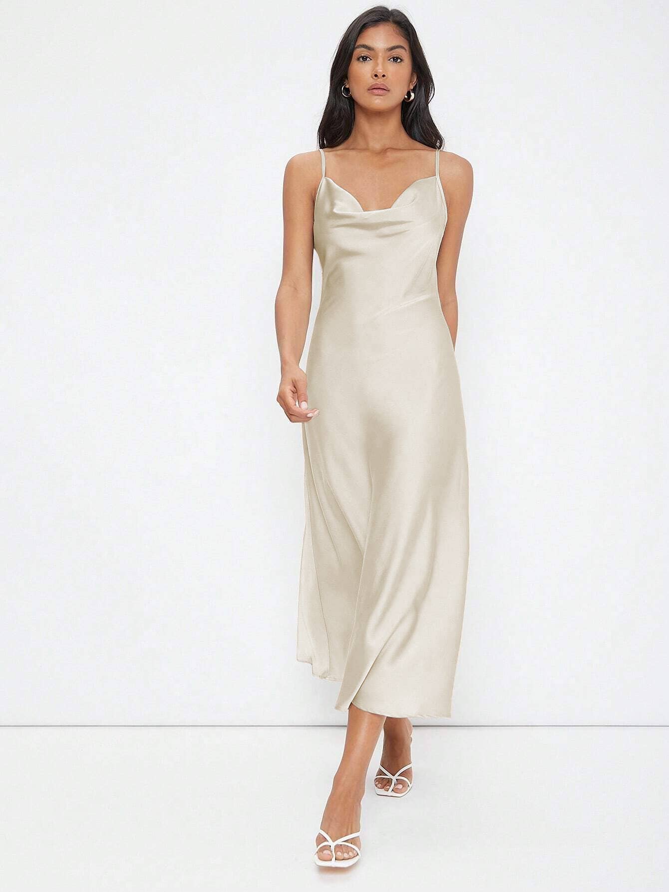 Party swing neck slip dress in lustrous satin