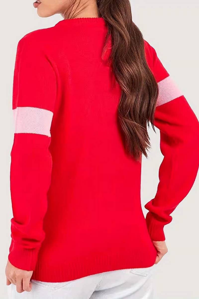 Solid color crew neck sweater with bow elements